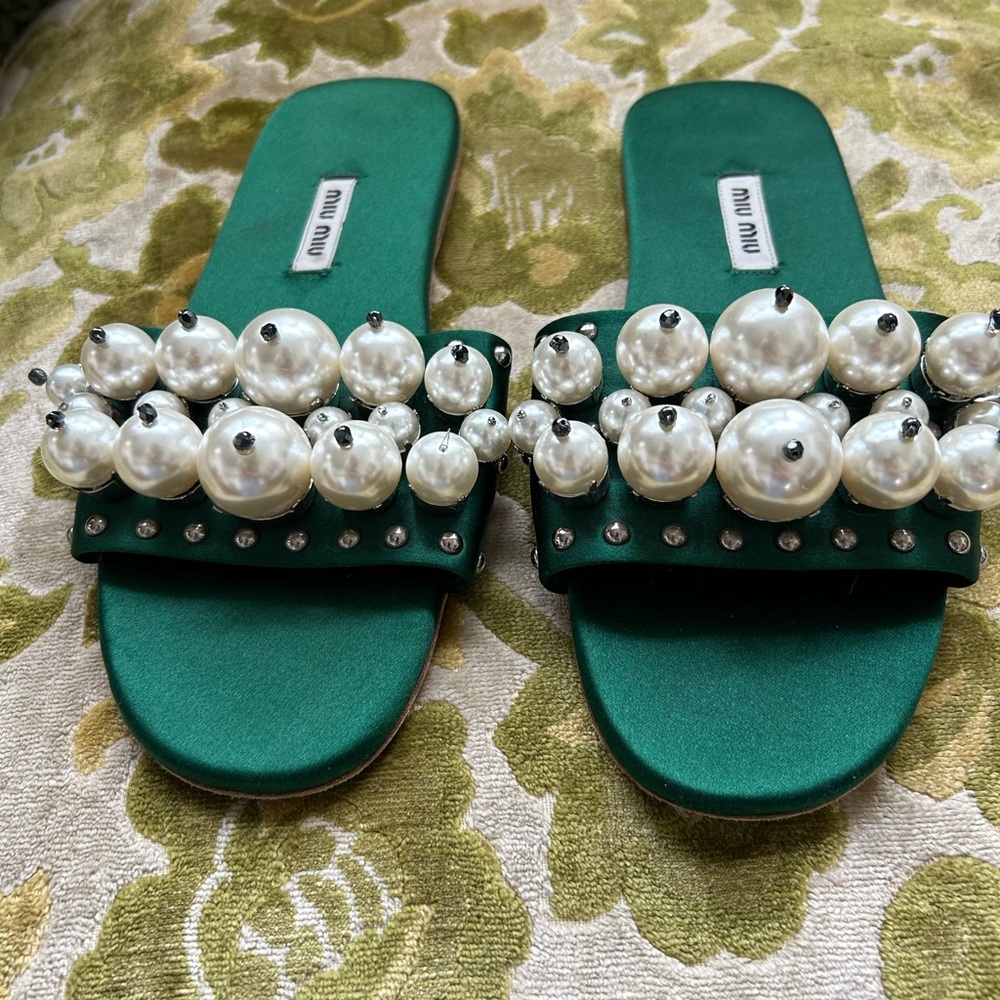 Miu Miu Green Satin Pearl Slide